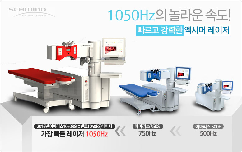 오른쪽부터 아마리스500E는 500Hz. 다음버전 아마리스750S는 750Hz. 다음버전 2014년 아마리스1050RS(슈빈트1050RS)레이저는 가장빠른레이저150Hz.